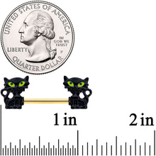 Load image into Gallery viewer, 14G 9/16 Gold Tone Black Cat Halloween Barbell Nipple Ring Set
