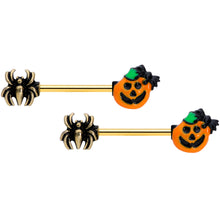 Load image into Gallery viewer, 14G 5/8 Gold Tone Spider Pumpkin Halloween Barbell Nipple Set
