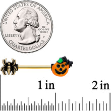 Load image into Gallery viewer, 14G 5/8 Gold Tone Spider Pumpkin Halloween Barbell Nipple Set
