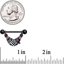 Load image into Gallery viewer, 14G 9/16 Red Gem Skeleton Hands Halloween Dangle Nipple Ring Set

