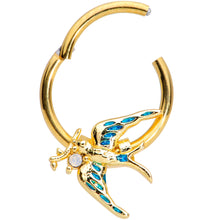 Load image into Gallery viewer, 16G 3/8 White Faux Opal Gold Hue Swallow Bird Hinged Segment Ring
