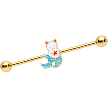 Load image into Gallery viewer, 14G Gold Tone Blue White Mermaid Cat Industrial Barbell 38mm
