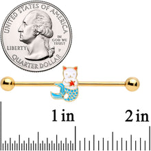 Load image into Gallery viewer, 14G Gold Tone Blue White Mermaid Cat Industrial Barbell 38mm

