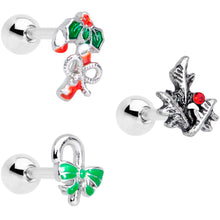 Load image into Gallery viewer, 16G 1/4 Holly Candy Cane Christmas Cartilage Tragus Set of 3
