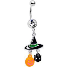 Load image into Gallery viewer, Clear Gem Witch Hat Bat Orange Pumpkin Halloween Dangle Belly Ring
