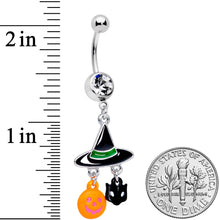 Load image into Gallery viewer, Clear Gem Witch Hat Bat Orange Pumpkin Halloween Dangle Belly Ring

