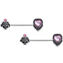 Load image into Gallery viewer, 14G 9/16 Pink Gem Regal Valentines Heart Barbell Nipple Ring Set
