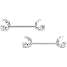 Load image into Gallery viewer, 14G 9/16 Clear CZ Gem Moon Heart Barbell Nipple Ring Set
