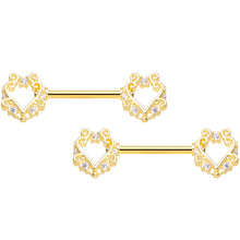 Load image into Gallery viewer, 14G 9/16 Clear CZ Gem Gold Hue Fancy Heart Barbell Nipple Ring Set
