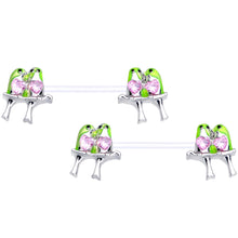 Load image into Gallery viewer, 14G 9/16 Pink Gem Bioplast Green Lovebirds Barbell Nipple Ring Set
