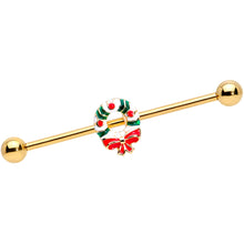 Load image into Gallery viewer, 14G Gold Tone PVD Christmas Wreath Industrial Barbell 38mm
