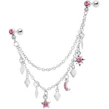Load image into Gallery viewer, 16G 1/4 Pink Gem Moon Star Sun Dangle Cartilage Chain Earring
