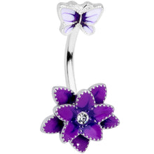 将图片加载到图库查看器，Clear Gem Purple Flower Butterfly Double Mount Belly Ring
