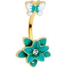 Load image into Gallery viewer, Clear Gem Gold Tone Blue Flower Butterfly Double Mount Belly Ring
