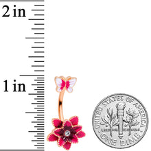 Load image into Gallery viewer, Clear Gem Rose Gold Tone Pink Flower Butterfly Double Mount Belly Ring
