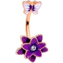 Load image into Gallery viewer, Clear Gem Rose Gold Purple Flower Butterfly Double Mount Belly Ring
