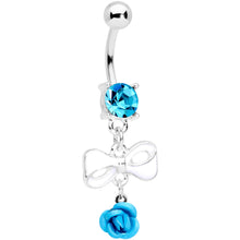 Load image into Gallery viewer, Aqua Gem Bow Rose Flower Dangle Belly Ring
