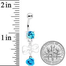 Load image into Gallery viewer, Aqua Gem Bow Rose Flower Dangle Belly Ring

