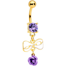 Load image into Gallery viewer, Purple Gem Gold Tone Bow Rose Flower Dangle Belly Ring
