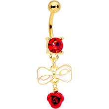 将图片加载到图库查看器，Red Gem Gold Tone Bow Rose Flower Dangle Belly Ring

