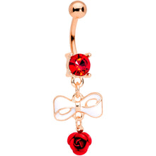 将图片加载到图库查看器，Red Gem Rose Gold Tone Bow Rose Flower Dangle Belly Ring
