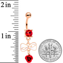 将图片加载到图库查看器，Red Gem Rose Gold Tone Bow Rose Flower Dangle Belly Ring

