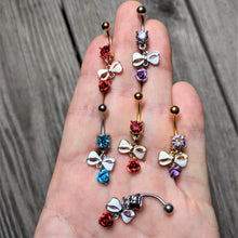 将图片加载到图库查看器，Red Gem Rose Gold Tone Bow Rose Flower Dangle Belly Ring

