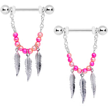 将图片加载到图库查看器，14G 1/2 Pink Peach Bead Feather Dangle Nipple Ring Set
