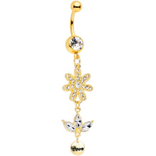 Load image into Gallery viewer, Clear Gem Gold Tone Flower Leaves Love Dangle Belly Ring
