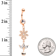 Load image into Gallery viewer, Clear Gem Rose Gold Tone Flower Leaves Love Dangle Belly Ring
