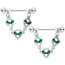 Load image into Gallery viewer, 14G 1/2 Green Gem Trio UFO Space Alien Dangle Nipple Ring Set
