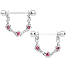 Load image into Gallery viewer, 14G 3/4 Pink Gem Knotted Flower Dangle Nipple Ring Set
