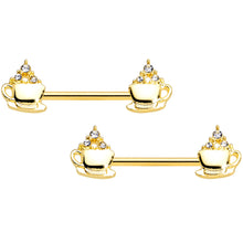 Load image into Gallery viewer, 14G 9/16 Clear Gem Gold Tone Hot Cocoa Barbell Nipple Ring Set
