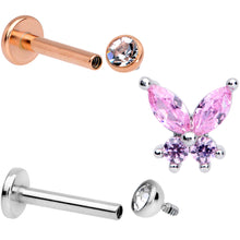 Load image into Gallery viewer, 16G 5/16 Pink Clear CZ Gem Internal Thread Labret Tragus Set of 3
