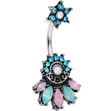 Load image into Gallery viewer, Blue Pink Green Gem Flower Baroque Double Mount Belly Ring
