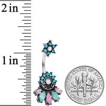 Load image into Gallery viewer, Blue Pink Green Gem Flower Baroque Double Mount Belly Ring
