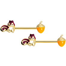 Load image into Gallery viewer, 14G 9/16 Gold Tone Squirrel Acorn Barbell Nipple Ring Set
