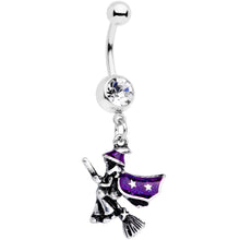 将图片加载到图库查看器，Clear Gem Purple Witch Broom Halloween Dangle Belly Ring
