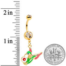 Load image into Gallery viewer, Clear Blue Gem Gold Tone Flower Hummingbird Dangle Belly Ring
