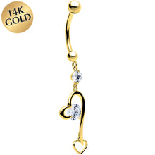 Load image into Gallery viewer, 16G Solid 14K Yellow Gold Cubic Zirconia HEART FANTASY Dangle Belly Ring
