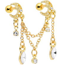 Load image into Gallery viewer, 16G 1/4 Clear CZ Gem Gold Hue Moon Dangle Cartilage Chain Earring
