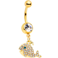 将图片加载到图库查看器，Clear Aqua Gem Gold Tone Whale Dangle Belly Ring
