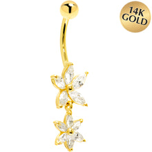 Load image into Gallery viewer, 16G Solid 14K Yellow Gold Cubic Zirconia DUAL LILY Dangle Belly Ring
