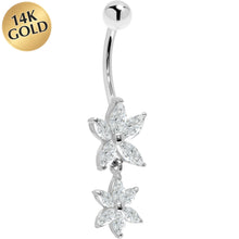 将图片加载到图库查看器，16G Solid 14K White Gold Cubic Zirconia DUAL LILY Dangle Belly Ring
