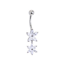 将图片加载到图库查看器，16G Solid 14K White Gold Cubic Zirconia DUAL LILY Dangle Belly Ring
