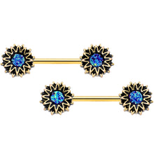 Load image into Gallery viewer, 14G 9/16 Gold Tone Aqua Center Sunburst Barbell Nipple Ring Set
