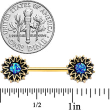 Load image into Gallery viewer, 14G 9/16 Gold Tone Aqua Center Sunburst Barbell Nipple Ring Set
