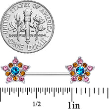 Load image into Gallery viewer, 14G 9/16 Pink Yellow Blue Gem Showy Stars Barbell Nipple Ring Set

