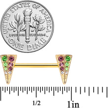 Load image into Gallery viewer, 14G 9/16 Pink Green Gem Gold Hue Triangle Barbell Nipple Ring Set
