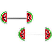Load image into Gallery viewer, 14G 9/16 Red Green Juicy Watermelon Barbell Nipple Ring Set
